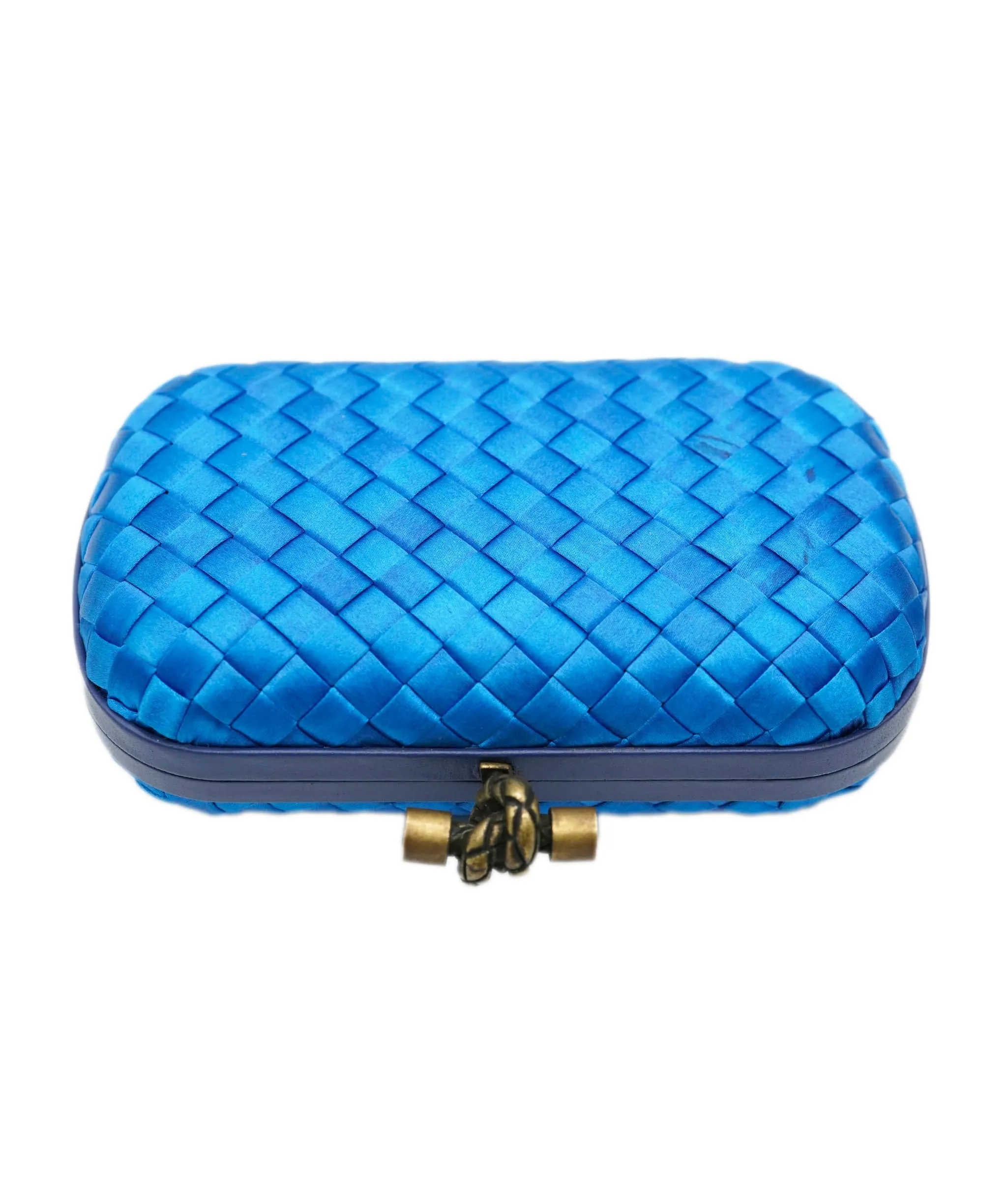 !!!   ON HOLD!!!!   Bottega Veneta Blue Mini Knot Clutch Bag in Satin with Leather Detail and Antique Gold Hardware ASL10572