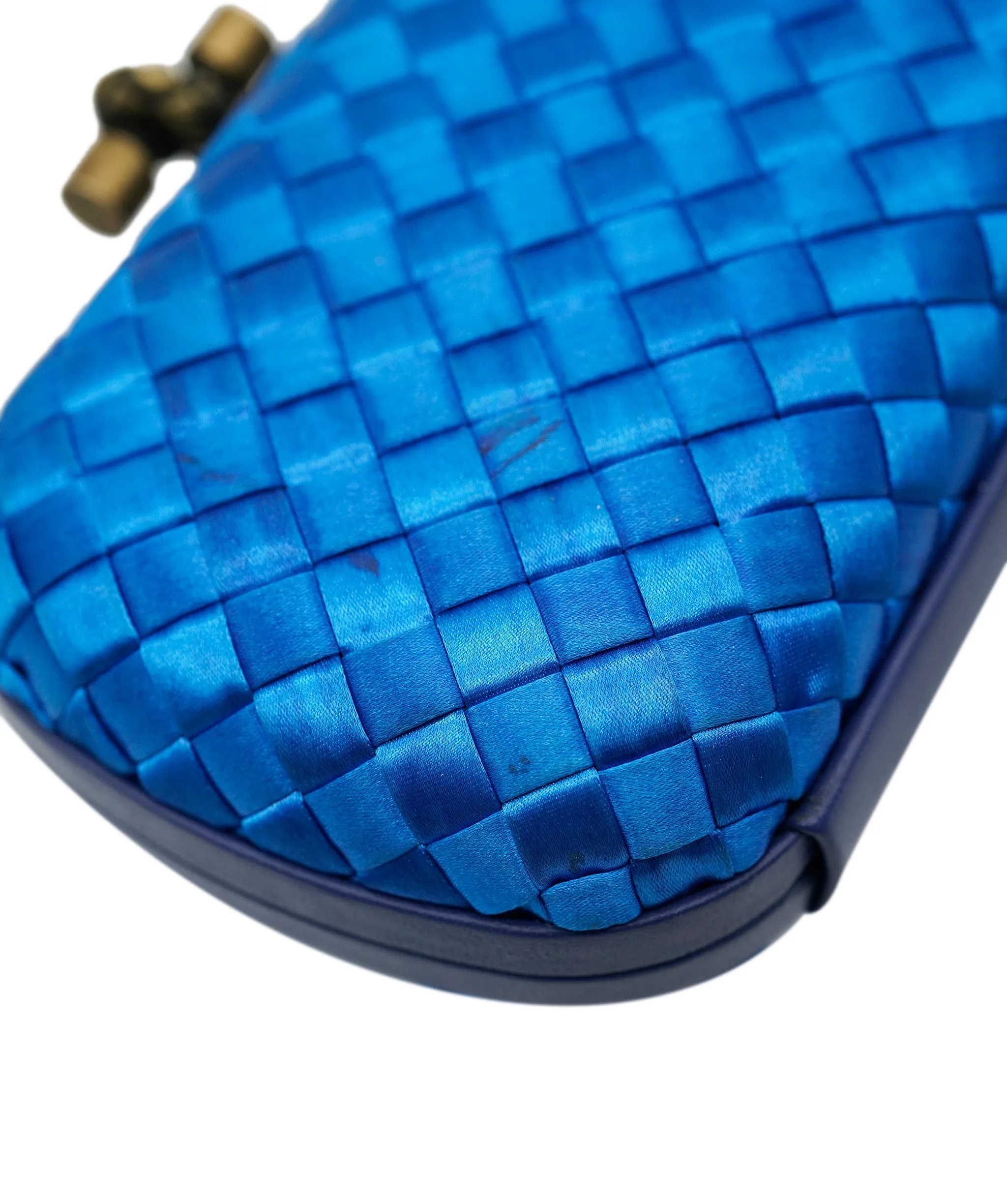 !!!   ON HOLD!!!!   Bottega Veneta Blue Mini Knot Clutch Bag in Satin with Leather Detail and Antique Gold Hardware ASL10572