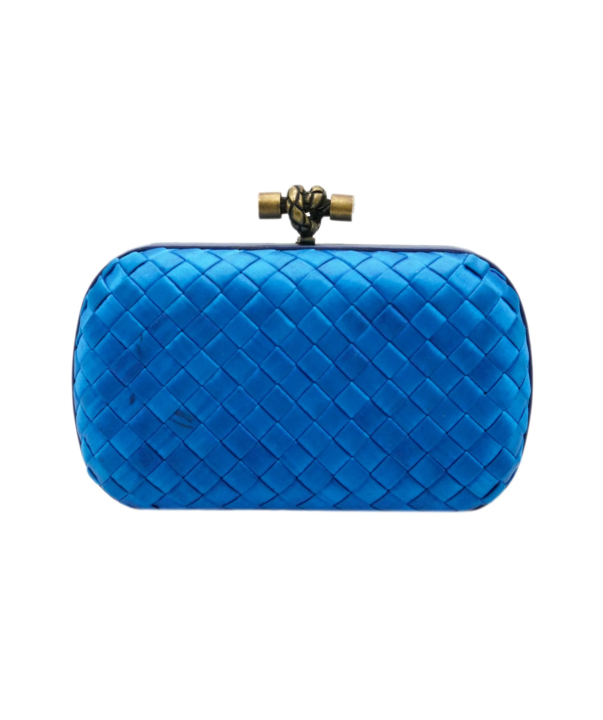 !!!   ON HOLD!!!!   Bottega Veneta Blue Mini Knot Clutch Bag in Satin with Leather Detail and Antique Gold Hardware ASL10572