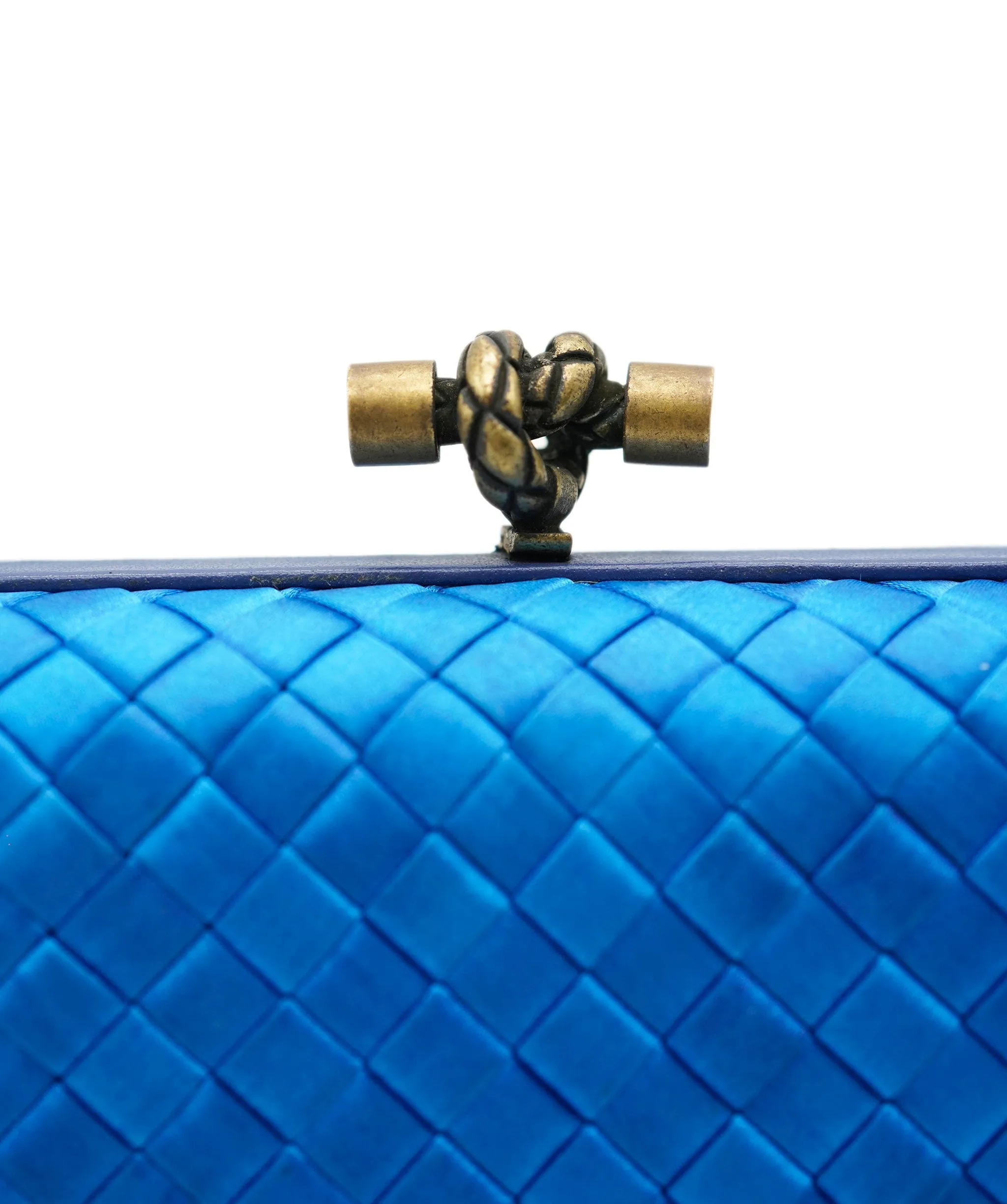 !!!   ON HOLD!!!!   Bottega Veneta Blue Mini Knot Clutch Bag in Satin with Leather Detail and Antique Gold Hardware ASL10572