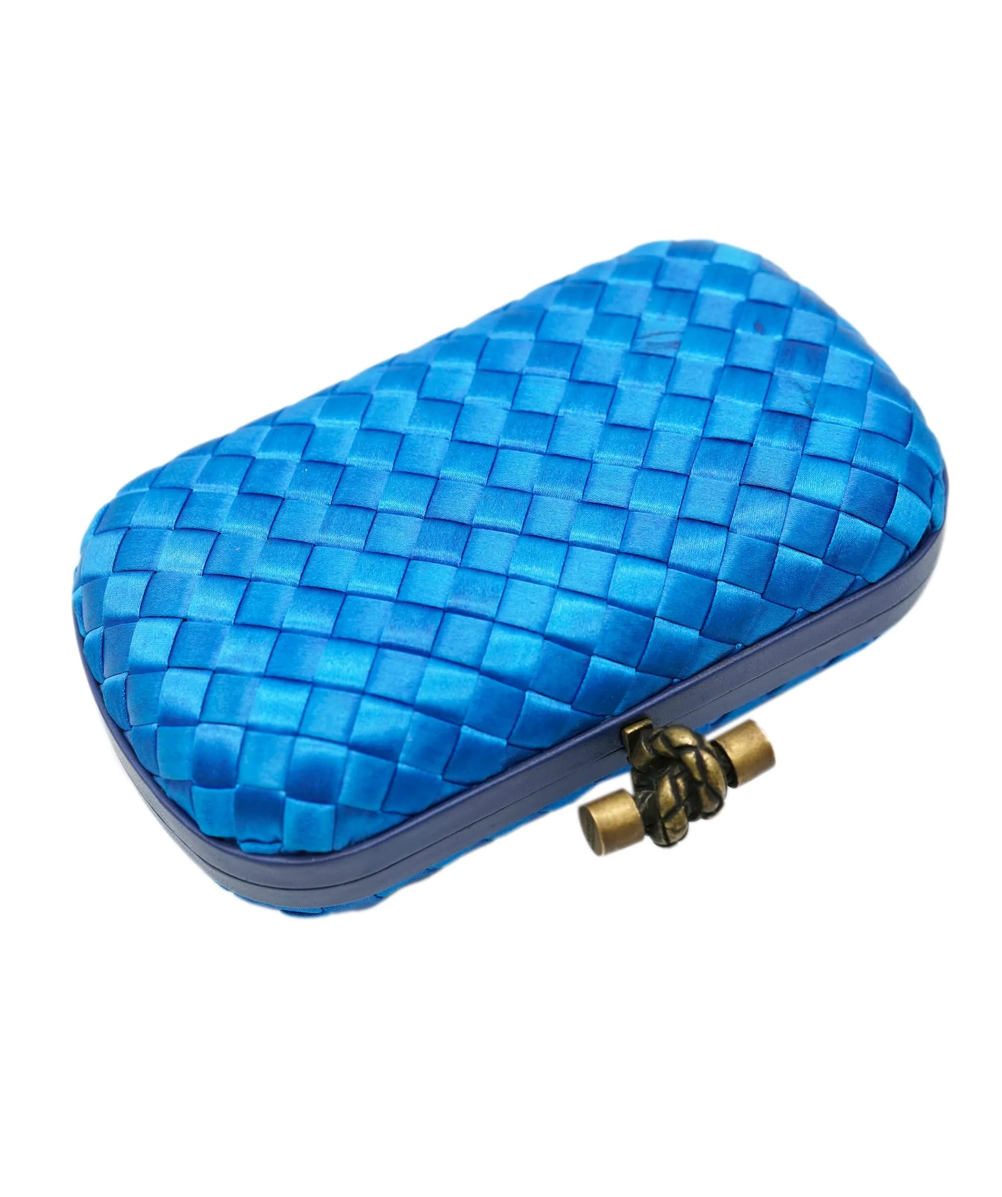 !!!   ON HOLD!!!!   Bottega Veneta Blue Mini Knot Clutch Bag in Satin with Leather Detail and Antique Gold Hardware ASL10572