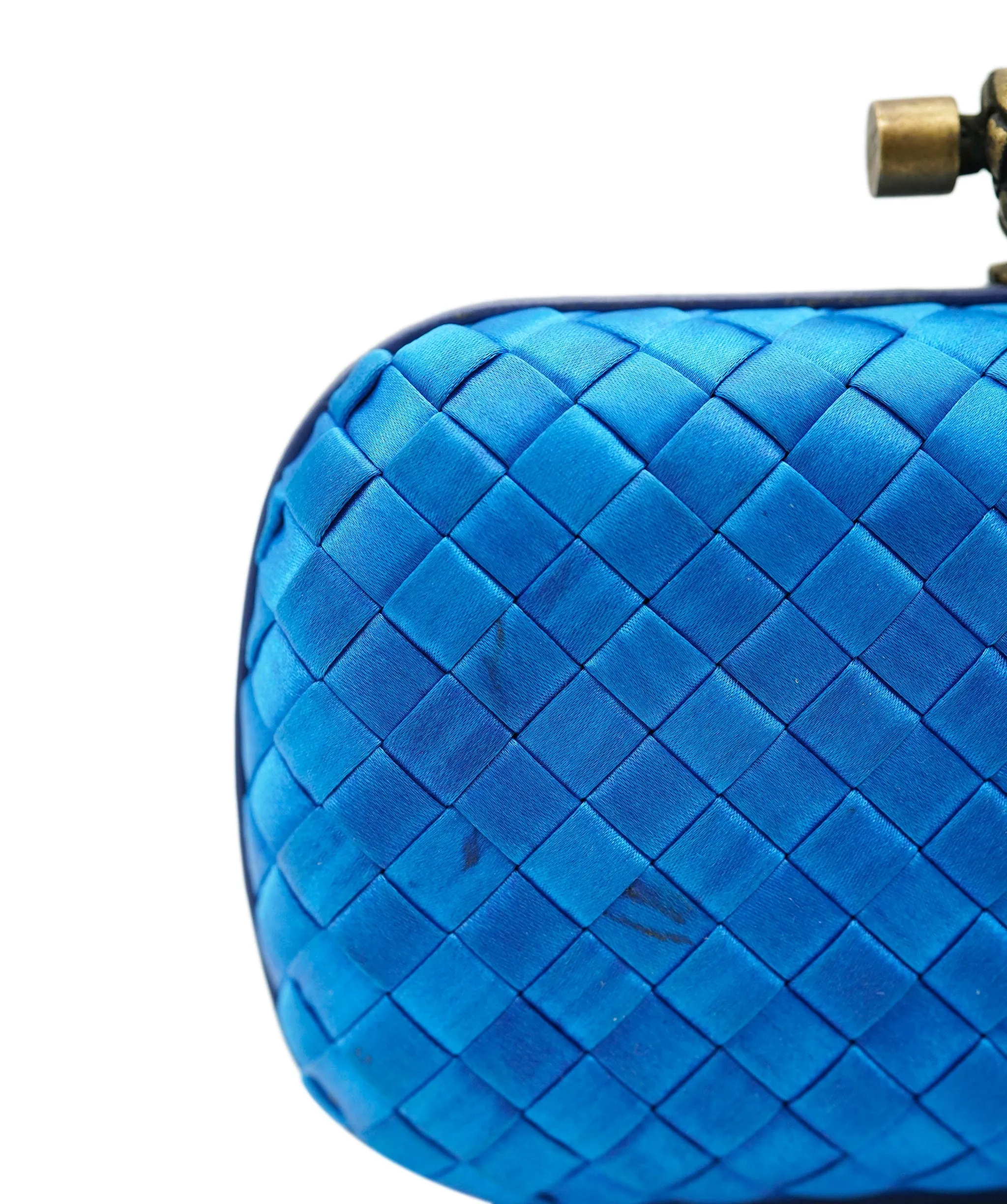 !!!   ON HOLD!!!!   Bottega Veneta Blue Mini Knot Clutch Bag in Satin with Leather Detail and Antique Gold Hardware ASL10572