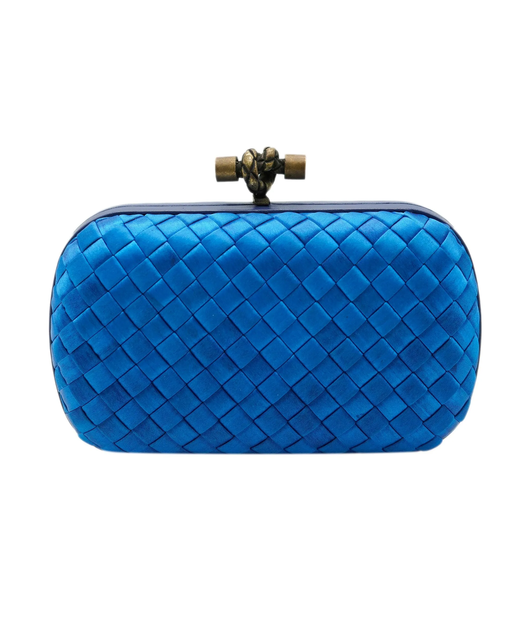 !!!   ON HOLD!!!!   Bottega Veneta Blue Mini Knot Clutch Bag in Satin with Leather Detail and Antique Gold Hardware ASL10572