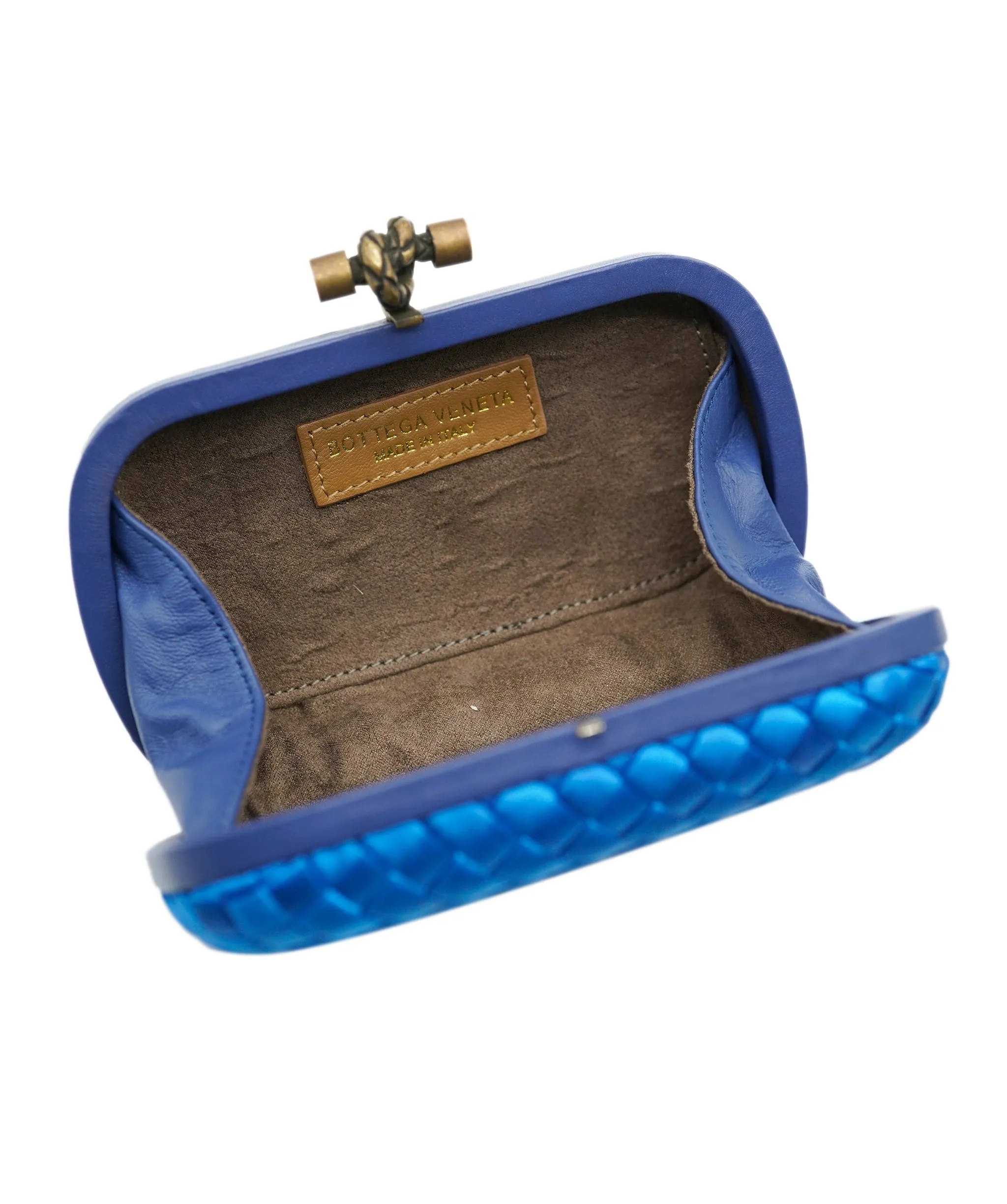 !!!   ON HOLD!!!!   Bottega Veneta Blue Mini Knot Clutch Bag in Satin with Leather Detail and Antique Gold Hardware ASL10572