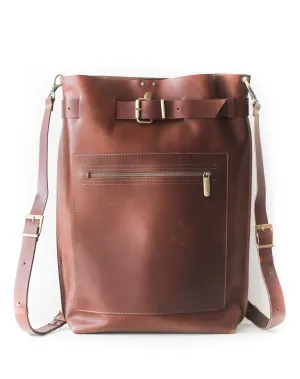 Brown Large Leather Backpack w/Front Zipper Pocket