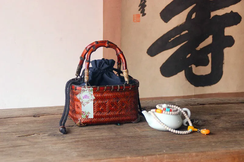 Chinese Style Rattan Woven Handbag with Bamboo Handle