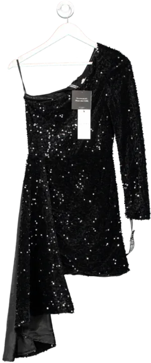 Club L London Black Sequin Velvet One Shoulder Mini Dress UK 10