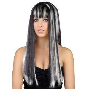 Drop Dead Gorgeous Long Silver Black Wig Fancy Dress Party