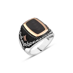 Plain Black Onyx Stone Rentangular Silver Men's Ring Siding Ottoman Tughra and Branch Pattern