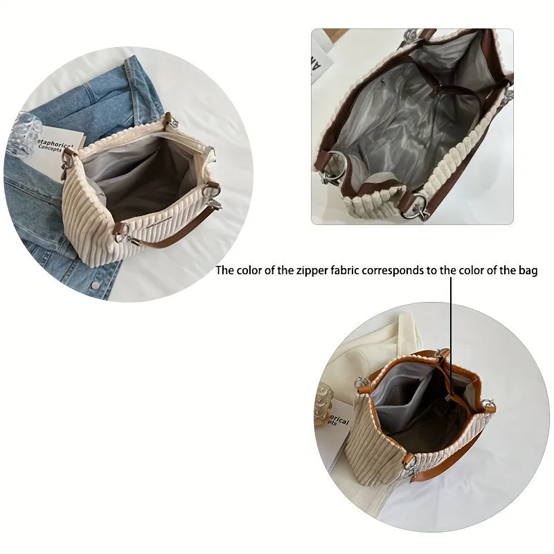 Plush Corduroy Tote Chic Chain Shoulder Bag Spacious  Fashionable