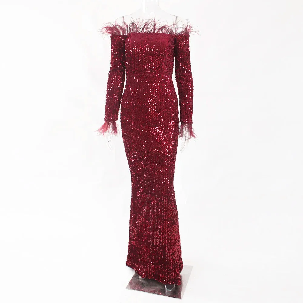 Trendy Sequin Feather Velvet Party Mermaid Dress