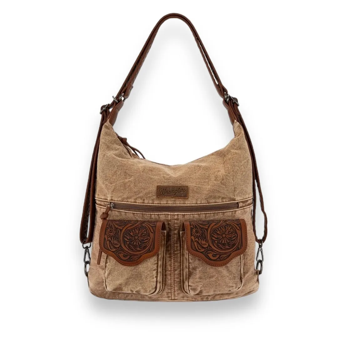 Wrangler Floral Tooled Denim Hobo/Crossbody Backpack (Convertible ) Brown