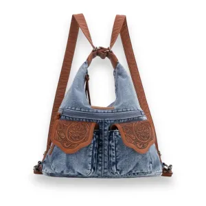 Wrangler Floral Tooled Denim Hobo/Crossbody Backpack (Convertible ) Jean